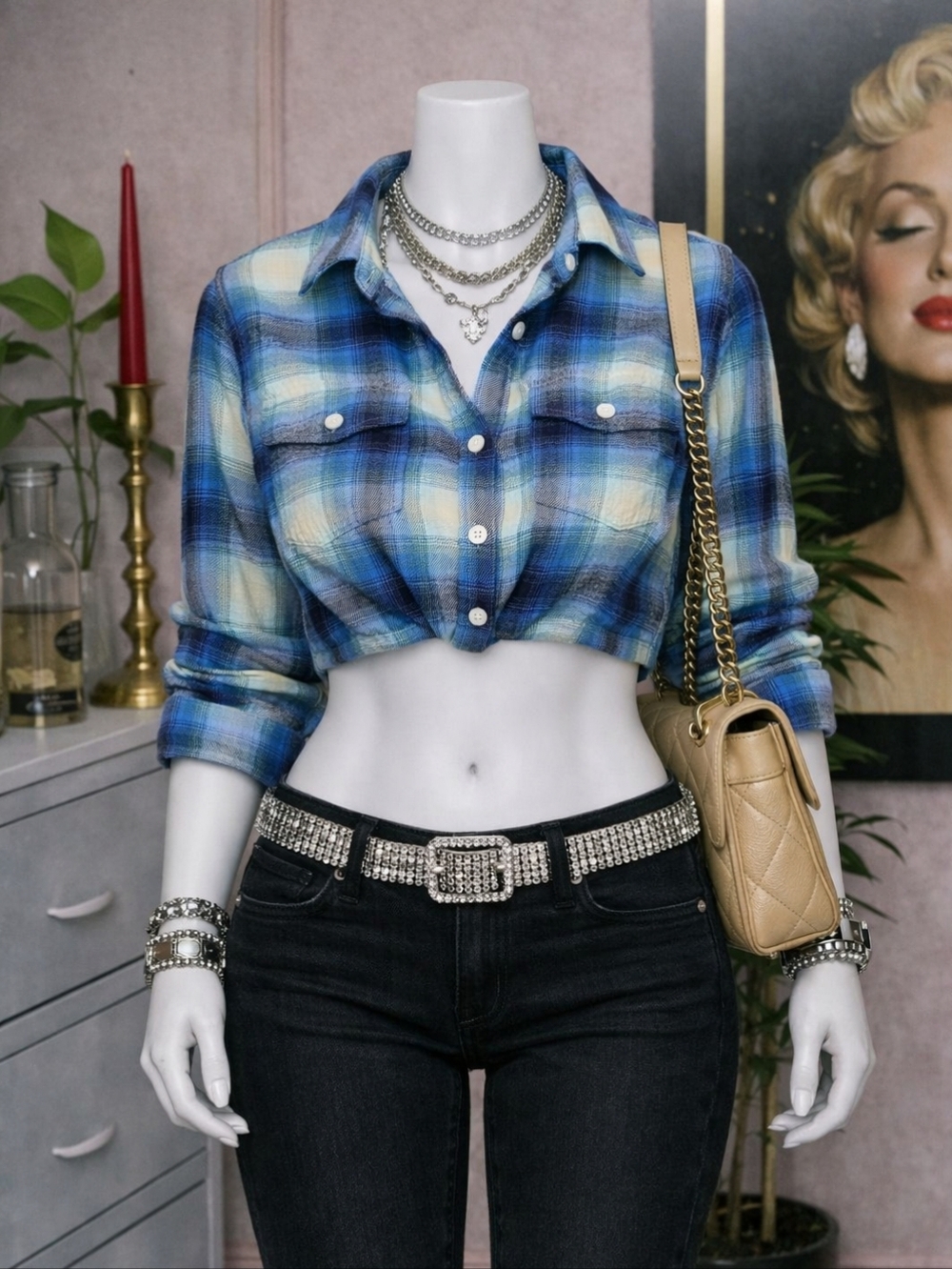 American Eagle Cropped Blue White Plaid Flannel Shirt Medium | Button‑Down Top